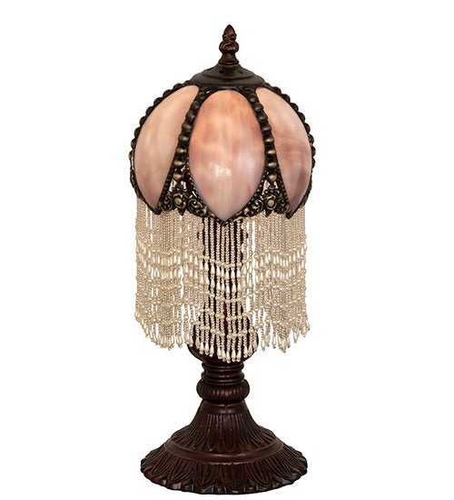 Meyda Lighting Alicia 16" Mahogany Bronze Mini Table Lamp With Lilac Art Glass & White Pearl Fringe Shade