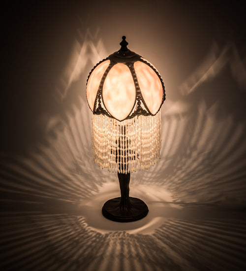 Meyda Lighting Alicia 16" Mahogany Bronze Mini Table Lamp With Pink & White Pearl Fringe Shade