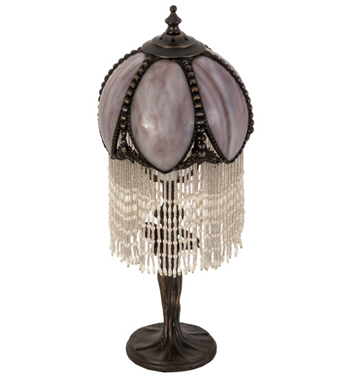 Meyda Lighting Alicia 16" Mahogany Bronze Mini Table Lamp With Pink & White Pearl Fringe Shade
