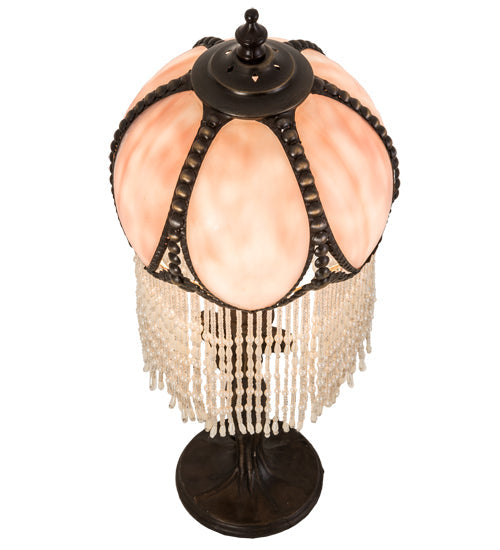 Meyda Lighting Alicia 16" Mahogany Bronze Mini Table Lamp With Pink & White Pearl Fringe Shade