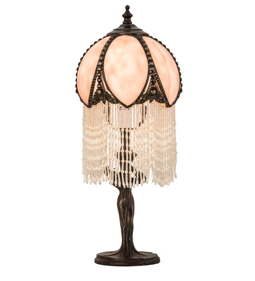 Meyda Lighting Alicia 16" Mahogany Bronze Mini Table Lamp With Pink & White Pearl Fringe Shade