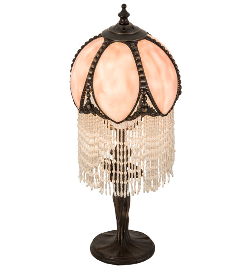 Meyda Lighting Alicia 16" Mahogany Bronze Mini Table Lamp With Pink & White Pearl Fringe Shade