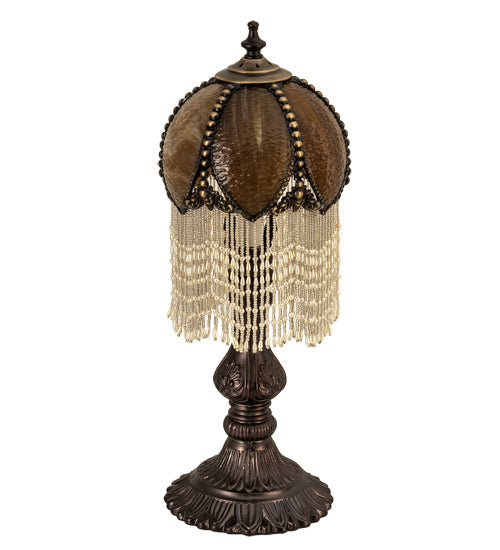 Meyda Lighting Alicia 17" Craftsman Brown Table Lamp With Honey Ripple Art Glass & White Pearl Shade