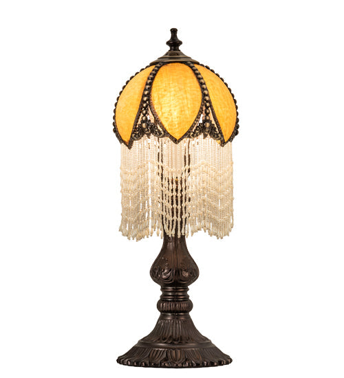 Meyda Lighting Alicia 17" Craftsman Brown Table Lamp With Honey Ripple Art Glass & White Pearl Shade