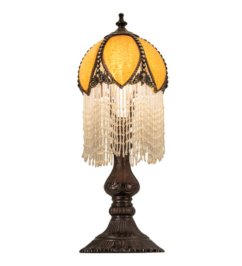 Meyda Lighting Alicia 17" Craftsman Brown Table Lamp With Honey Ripple Art Glass & White Pearl Shade