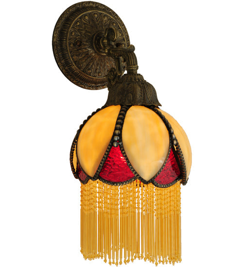 Meyda Lighting Alicia 7" Mahogany Bronze Wall Sconce With Beige & Red Art Shade Glass With Fringe
