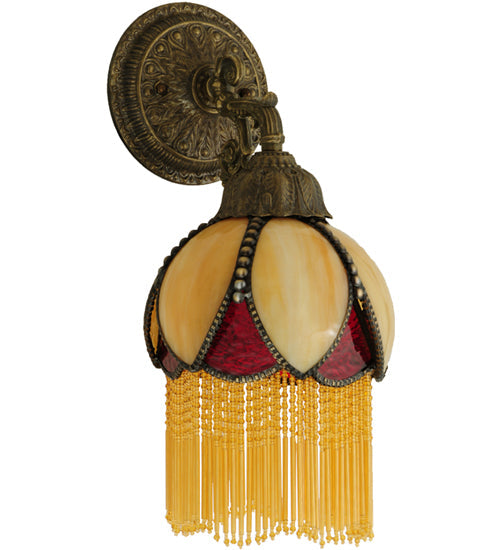 Meyda Lighting Alicia 7" Mahogany Bronze Wall Sconce With Beige & Red Art Shade Glass With Fringe