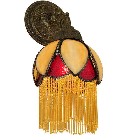 Meyda Lighting Alicia 7" Mahogany Bronze Wall Sconce With Beige & Red Art Shade Glass With Fringe