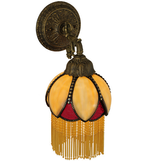 Meyda Lighting Alicia 7" Mahogany Bronze Wall Sconce With Beige & Red Art Shade Glass With Fringe