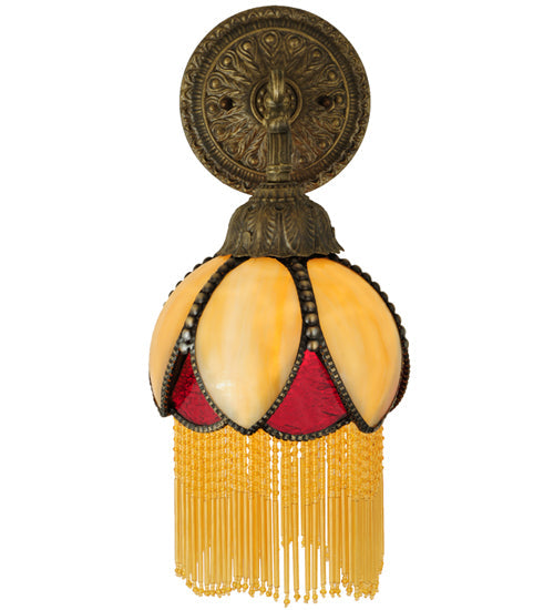 Meyda Lighting Alicia 7" Mahogany Bronze Wall Sconce With Beige & Red Art Shade Glass With Fringe