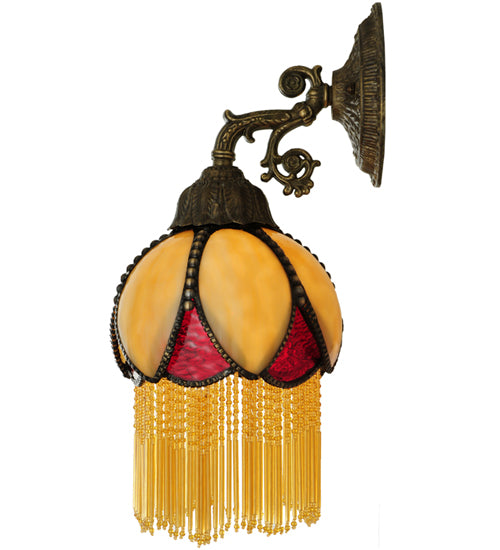 Meyda Lighting Alicia 7" Mahogany Bronze Wall Sconce With Beige & Red Art Shade Glass With Fringe