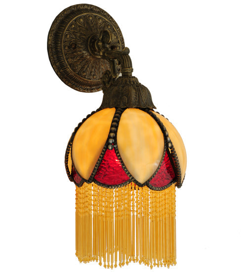 Meyda Lighting Alicia 7" Mahogany Bronze Wall Sconce With Beige & Red Art Shade Glass With Fringe