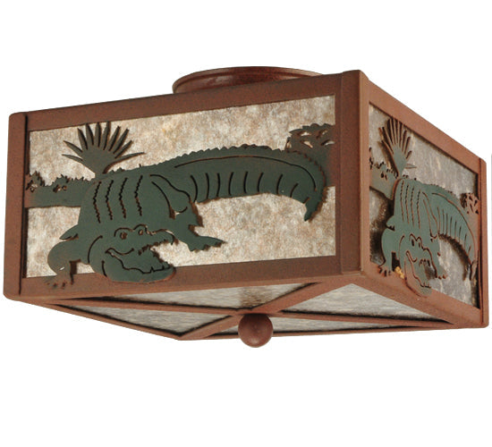 Meyda Lighting Alligator 10"Sq 2-Light Rust & Green Flush Mount Light With Silver Mica Shade Glass