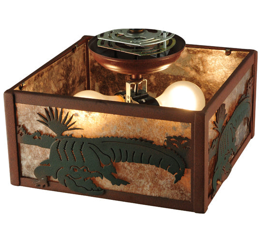 Meyda Lighting Alligator 10"Sq 2-Light Rust & Green Flush Mount Light With Silver Mica Shade Glass