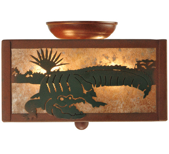 Meyda Lighting Alligator 10"Sq 2-Light Rust & Green Flush Mount Light With Silver Mica Shade Glass