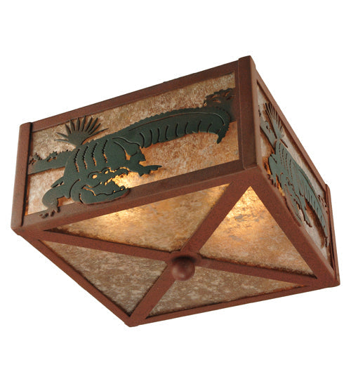 Meyda Lighting Alligator 10"Sq 2-Light Rust & Green Flush Mount Light With Silver Mica Shade Glass