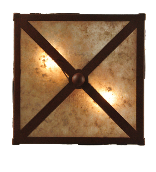 Meyda Lighting Alligator 10"Sq 2-Light Rust & Green Flush Mount Light With Silver Mica Shade Glass