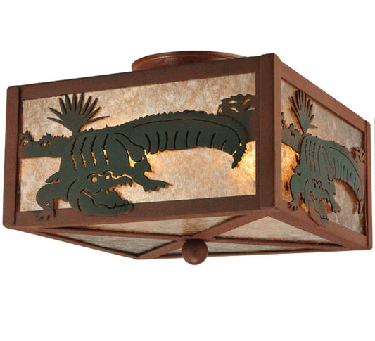 Meyda Lighting Alligator 10"Sq 2-Light Rust & Green Flush Mount Light With Silver Mica Shade Glass