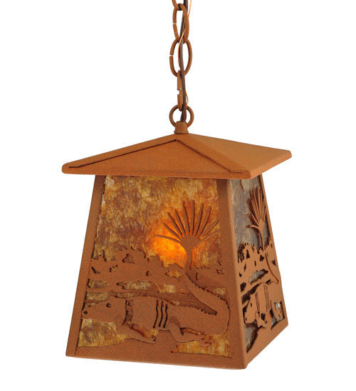Meyda Lighting Alligator 7"Sq Rust Lantern Pendant Light With Amber Mica Shade Glass