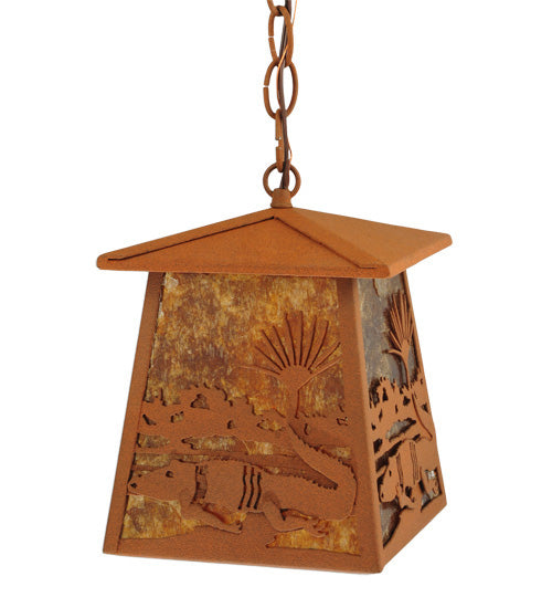 Meyda Lighting Alligator 7"Sq Rust Lantern Pendant Light With Amber Mica Shade Glass