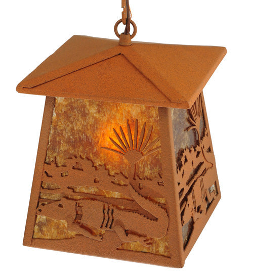 Meyda Lighting Alligator 7"Sq Rust Lantern Pendant Light With Amber Mica Shade Glass