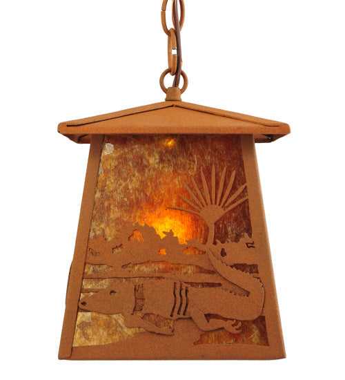 Meyda Lighting Alligator 7"Sq Rust Lantern Pendant Light With Amber Mica Shade Glass