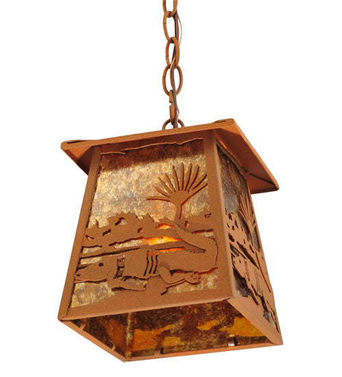Meyda Lighting Alligator 7"Sq Rust Lantern Pendant Light With Amber Mica Shade Glass