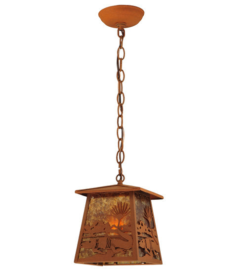 Meyda Lighting Alligator 7"Sq Rust Lantern Pendant Light With Amber Mica Shade Glass