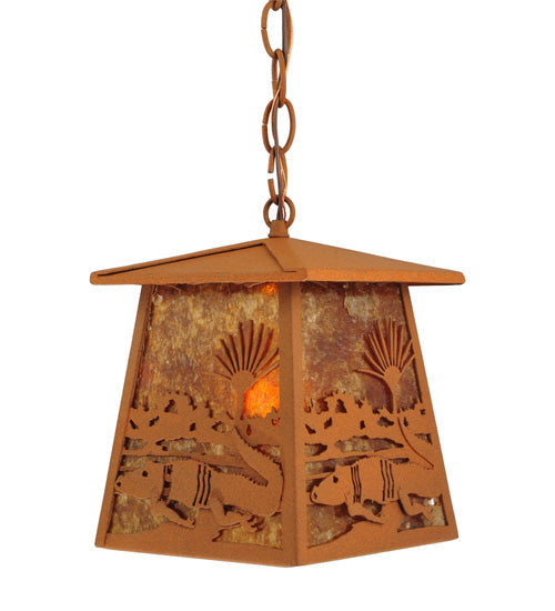 Meyda Lighting Alligator 7"Sq Rust Lantern Pendant Light With Amber Mica Shade Glass