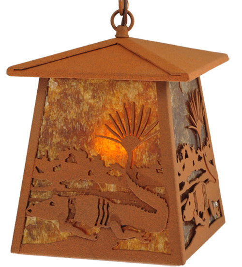 Meyda Lighting Alligator 7"Sq Rust Lantern Pendant Light With Amber Mica Shade Glass