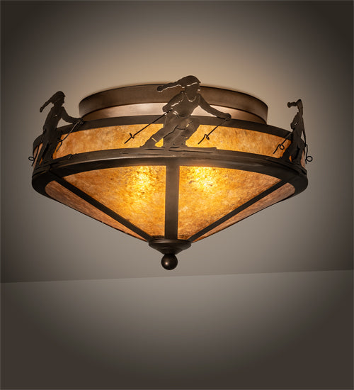 Meyda Lighting Alpine 16" 2-Light Antique Copper Flush Mount Light With Amber Mica Shade Glass