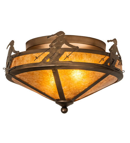 Meyda Lighting Alpine 16" 2-Light Antique Copper Flush Mount Light With Amber Mica Shade Glass
