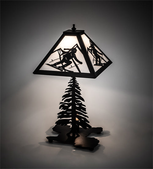 Meyda Lighting Alpine 21" 2-Light Textured Black Table Lamp With White Art Shade Glass