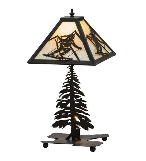 Meyda Lighting Alpine 22" 2-Light Dark Roast Lighted Table Lamp Base With Beige Iridescent Shade Glass