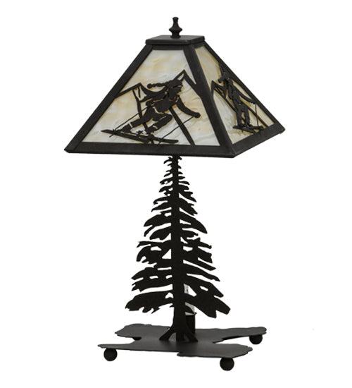 Meyda Lighting Alpine 22" 2-Light Dark Roast Lighted Table Lamp Base With Beige Iridescent Shade Glass