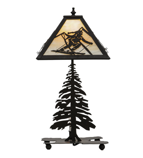 Meyda Lighting Alpine 22" 2-Light Dark Roast Lighted Table Lamp Base With Beige Iridescent Shade Glass