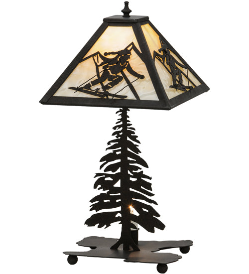 Meyda Lighting Alpine 22" 2-Light Dark Roast Lighted Table Lamp Base With Beige Iridescent Shade Glass