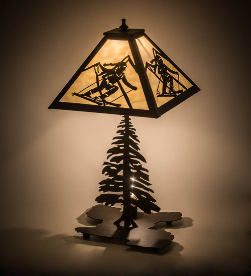 Meyda Lighting Alpine 22" 2-Light Oil Rubbed Bronze Table Lamp With Beige Art Shade Glass and Lighted Base