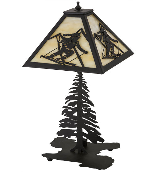 Meyda Lighting Alpine 22" 2-Light Oil Rubbed Bronze Table Lamp With Beige Art Shade Glass and Lighted Base