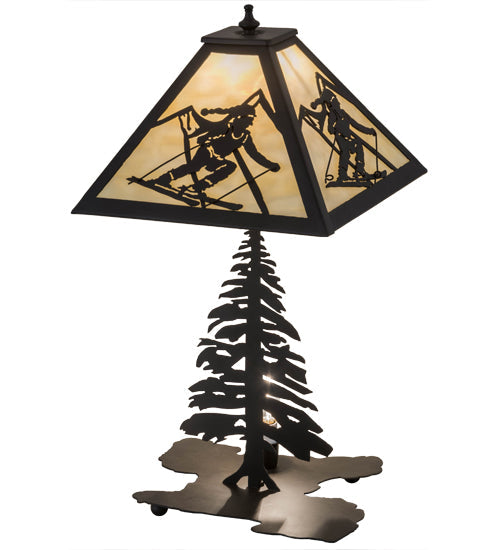 Meyda Lighting Alpine 22" 2-Light Oil Rubbed Bronze Table Lamp With Beige Art Shade Glass and Lighted Base
