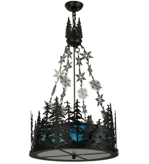 Meyda Lighting Alpine 22" 4-Light Textured Black & Nickel Inverted Pendant Light With Blue & White Art Shade Glass