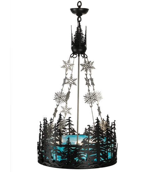 Meyda Lighting Alpine 22" 4-Light Textured Black & Nickel Inverted Pendant Light With Blue & White Art Shade Glass