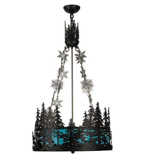 Meyda Lighting Alpine 22" 4-Light Textured Black & Nickel Inverted Pendant Light With Blue & White Art Shade Glass