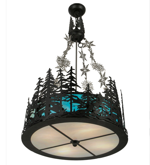 Meyda Lighting Alpine 22" 4-Light Textured Black & Nickel Inverted Pendant Light With Blue & White Art Shade Glass