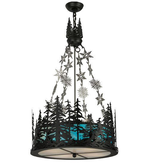 Meyda Lighting Alpine 22" 4-Light Textured Black & Nickel Inverted Pendant Light With Blue & White Art Shade Glass