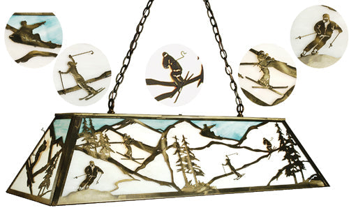Meyda Lighting Alpine 48" 6-Light Antique Copper Island Pendant Light With White & Sky Blue Art Shade Glass
