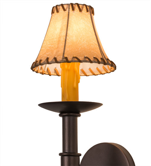 Meyda Lighting Amada 6" Mahogany Bronze Wall Sconce With Beige Faux Leather Shade