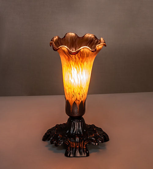 Meyda Lighting Amber Pond Lily 7" Mahogany Bronze Victorian Mini Table Lamp With Amber Shade Glass