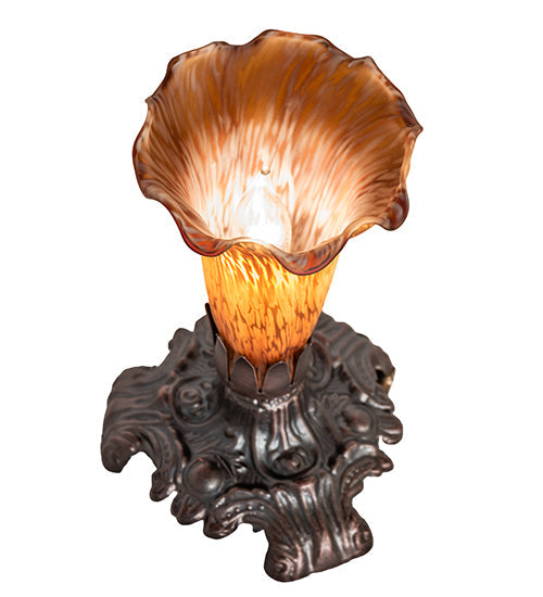 Meyda Lighting Amber Pond Lily 7" Mahogany Bronze Victorian Mini Table Lamp With Amber Shade Glass