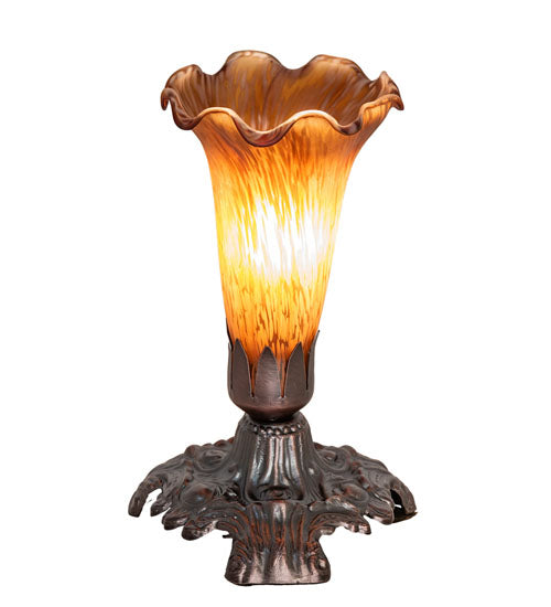 Meyda Lighting Amber Pond Lily 7" Mahogany Bronze Victorian Mini Table Lamp With Amber Shade Glass